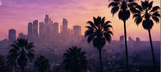 Los Angeles skyline and palm trees at dusk